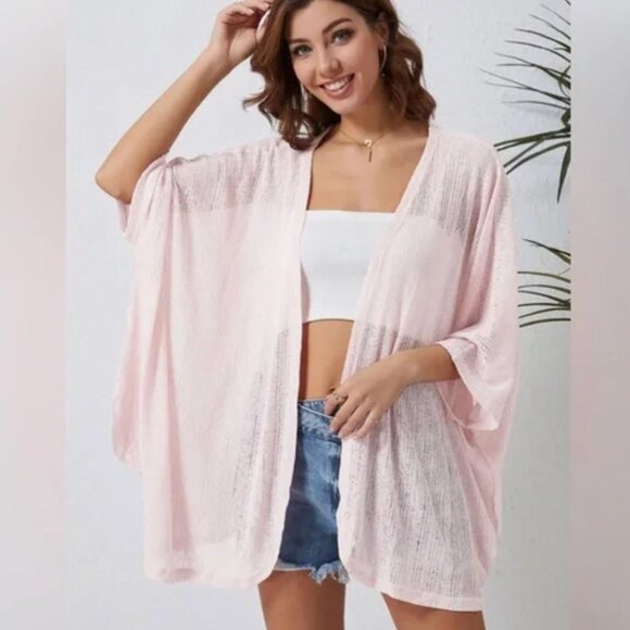 Pink Sheer Lightweight Knit Long Sleeve Cardigan | Pink | One Size - Picture 3 of 4